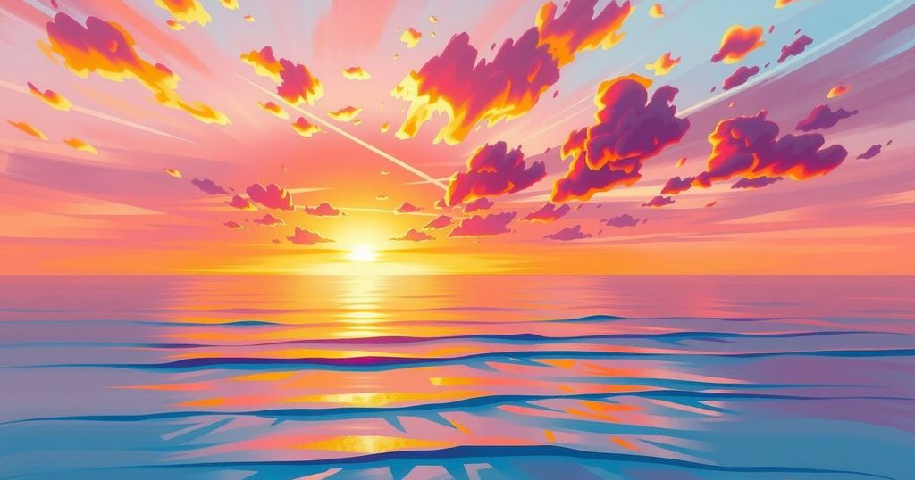Stunning abstract artwork of a vibrant sunset over a serene beach scene in warm hues.