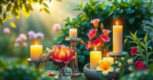 Tribute candles and flowers set up in memory of a beloved individual, surrounded by a serene nature background.