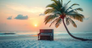 A tranquil beach scene with a vintage piano under a palm tree, symbolizing nostalgia and musical legacy.