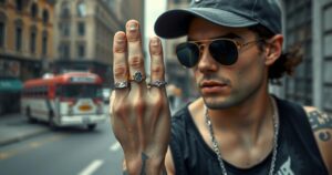 Tattooed ring finger displayed with stylish accessories in a blurred urban background.