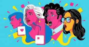 A chaotic digital collage representing internet scandals with vivid colours and playful geometric shapes.