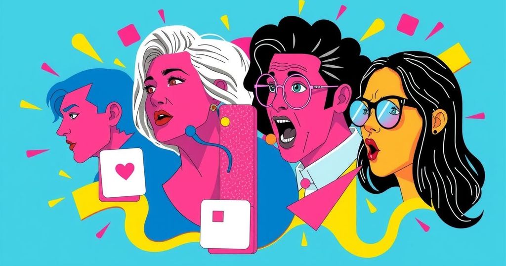 A chaotic digital collage representing internet scandals with vivid colours and playful geometric shapes.