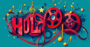 Abstract representation of Hollywood with film reels and music notes in a vibrant colour palette, reflecting celebrity culture.