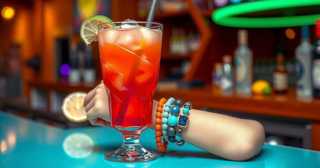 A bar scene featuring a margarita and colourful bracelets on a wrist, evoking a casual, uplifting atmosphere.
