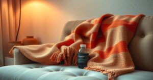 A serene living room scene with a cozy blanket and hot water bottle, evoking nostalgia and contemplation.