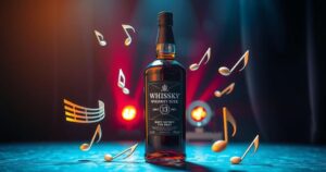 A sleek black whisky bottle surrounded by musical notes on a stage, with soft lighting and a vibrant blue and gold colour scheme.