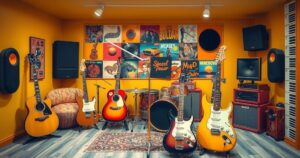 A creative studio filled with instruments, colourful album covers, and vintage recording equipment, symbolising music ownership.
