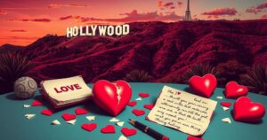 A dramatic Hollywood landscape featuring broken hearts and torn love letters, reflecting celebrity scandals and betrayals.