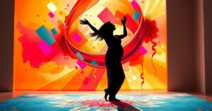 Celebratory scene in a maternity suite featuring a colourful abstract backdrop and joyful dance movements.