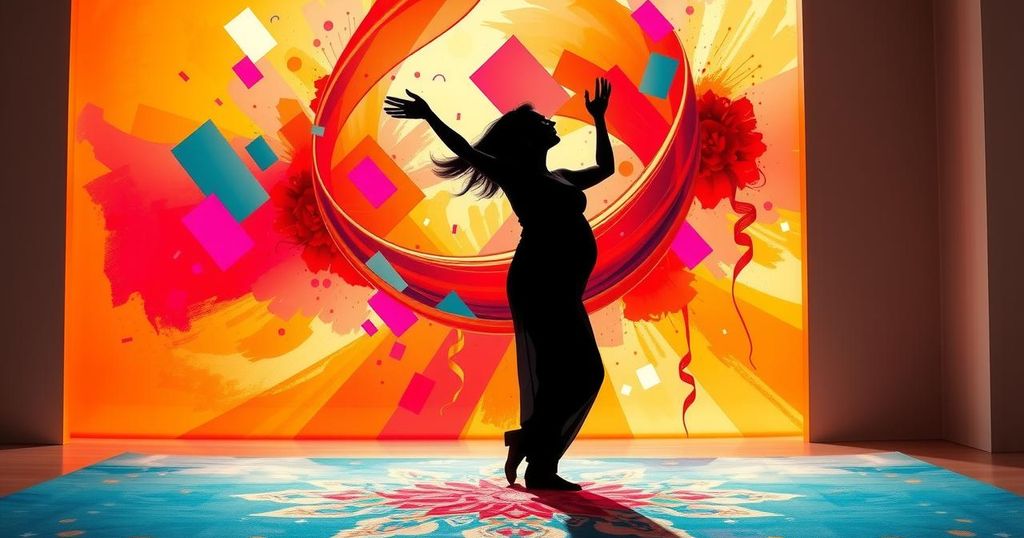 Celebratory scene in a maternity suite featuring a colourful abstract backdrop and joyful dance movements.