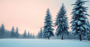 A serene winter landscape with pine trees and snow, evoking warmth and nostalgia.