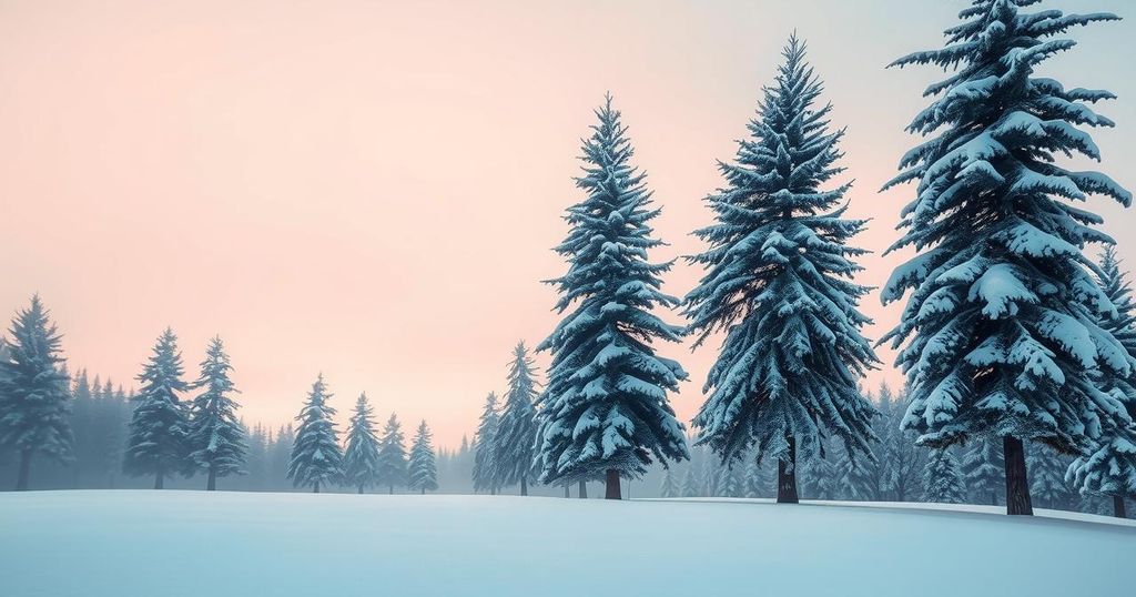 A serene winter landscape with pine trees and snow, evoking warmth and nostalgia.