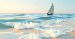 A serene coastline with gentle waves and a large sailing boat, capturing a feeling of freedom and beauty.