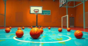 Basketball court with basketballs and a hoop, featuring warm colours and a modern artistic style.