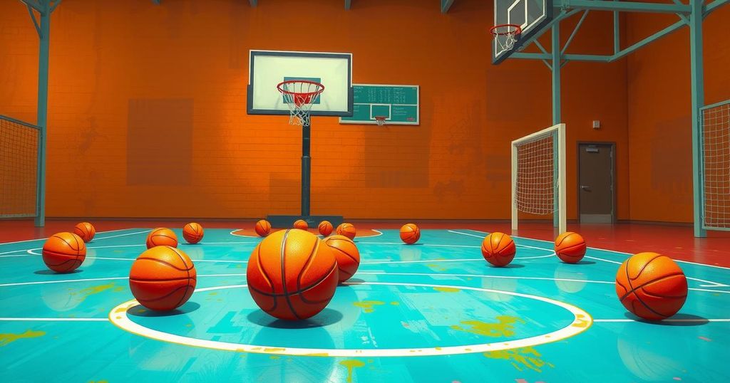 Basketball court with basketballs and a hoop, featuring warm colours and a modern artistic style.