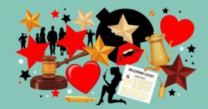 A collage representing celebrity scandals in entertainment, featuring symbolic elements like a gavel, Hollywood stars, and dramatic elements.