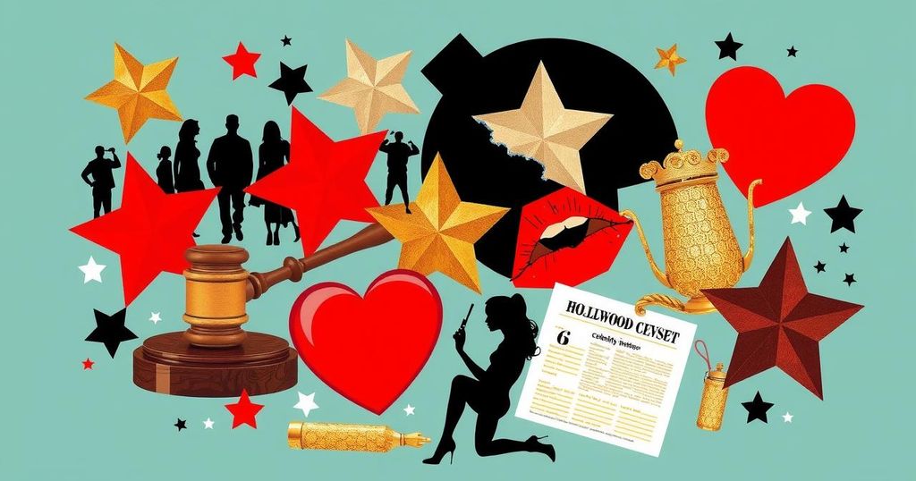 A collage representing celebrity scandals in entertainment, featuring symbolic elements like a gavel, Hollywood stars, and dramatic elements.