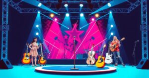 An artistic depiction of a vibrant stage with musical instruments, celebrating talent and competition in a singing show.