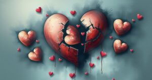 An abstract representation symbolizing the emotional turmoil of celebrity breakups, with torn hearts and muted colours.