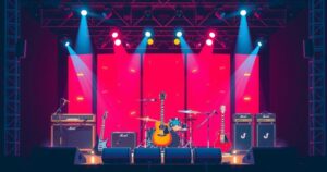 A vibrant concert stage with musical instruments, bright lights and an energetic atmosphere, capturing live performance spirit.