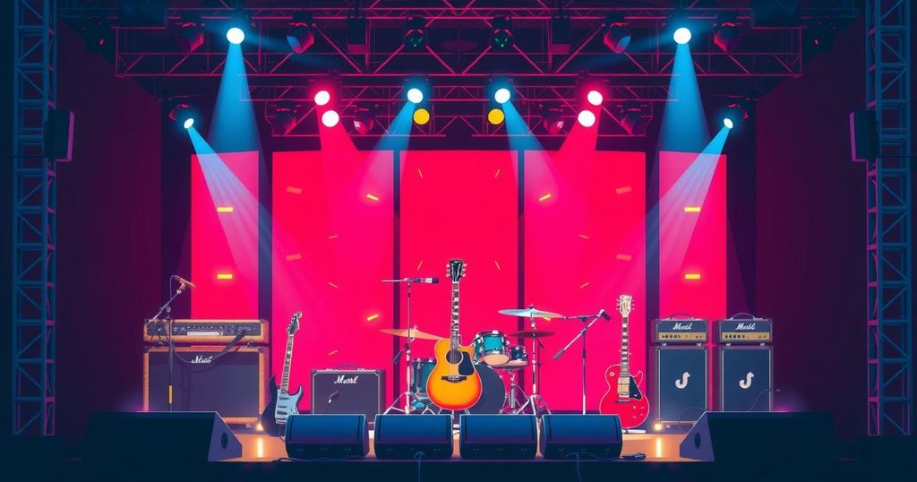 A vibrant concert stage with musical instruments, bright lights and an energetic atmosphere, capturing live performance spirit.
