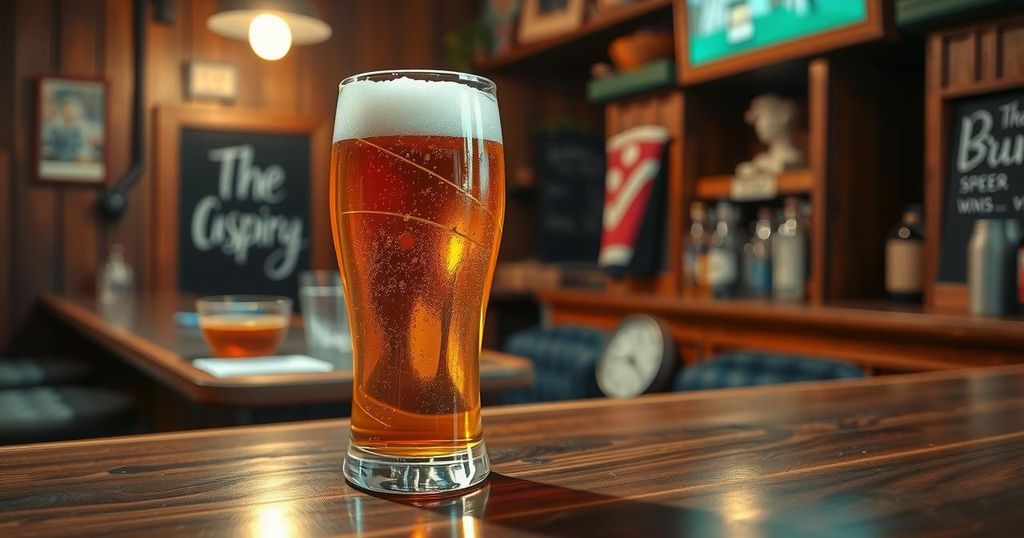 A beer glass resting on a wooden bar top with a warm, nostalgic atmosphere, embodying classic sitcom vibes.