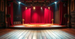A stage set with vibrant lighting, empty dance floor, and elegant props, showcasing a theatrical performance atmosphere.