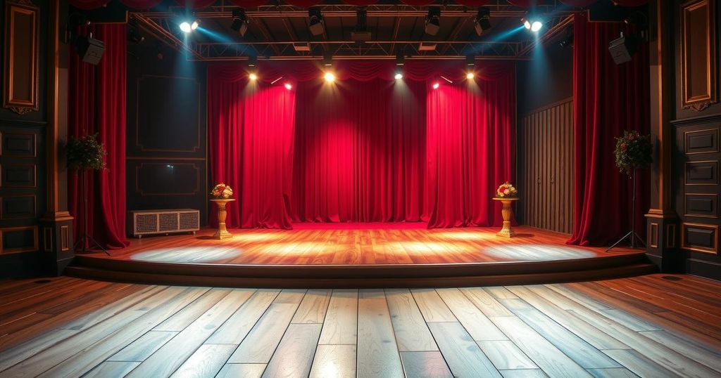 A stage set with vibrant lighting, empty dance floor, and elegant props, showcasing a theatrical performance atmosphere.