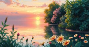 A heartfelt, emotional scene featuring a serene sunset over a tranquil landscape, symbolising love and loss.