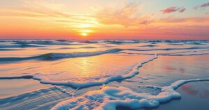A serene landscape featuring a sunset over a calm ocean, evoking feelings of reflection and peace.