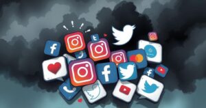 A collage of social media icons surrounded by black clouds, symbolising online bullying and harassment over personal lives.