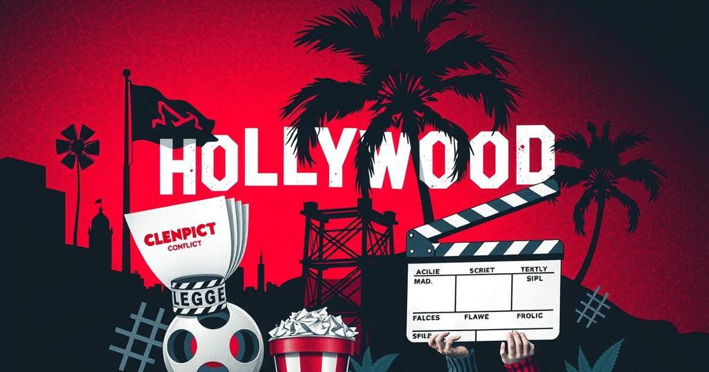 An abstract representation of Hollywood conflict, featuring artistic elements and bold colours, reflecting tension and drama.