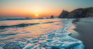A serene scene depicting a tranquil beach at sunset with pastel colours and calm waves in an impressionist style.