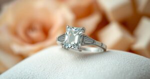 A sparkling diamond ring resting on a velvet cushion, symbolising love and commitment, in soft natural lighting.