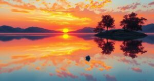 A serene landscape with vibrant sunset hues reflecting on a calm lake, symbolising trust and reconciliation in relationships.