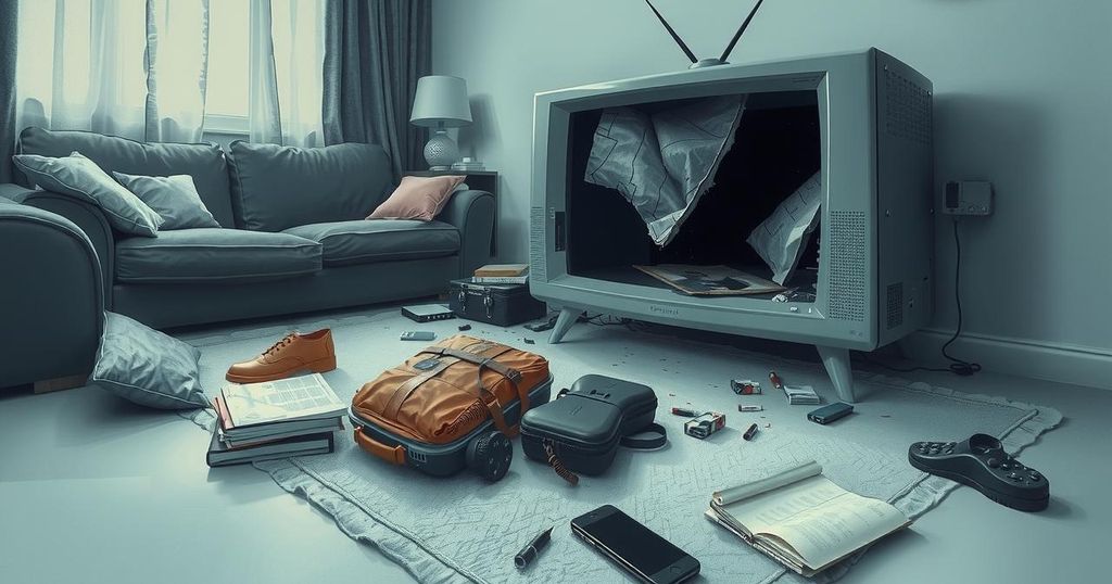 A broken television on the floor with a distressed room setting, conveying a sense of chaos and disruption