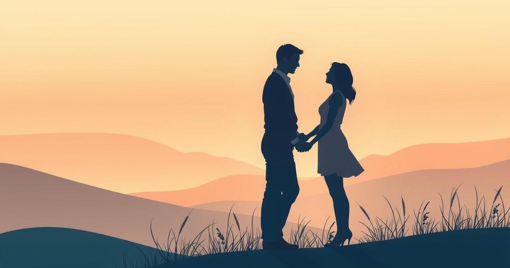 A serene landscape with two silhouettes symbolising connection, surrounded by soft colours and gentle lines.