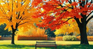 A serene landscape showing a quiet park bench surrounded by autumn trees and fallen leaves in warm colours.