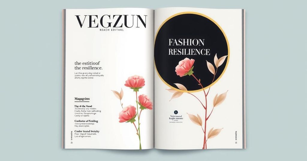 A vibrant magazine cover with a minimalist design, featuring elegant typography and pastel colours, symbolising style and resilience.