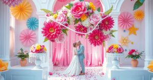 Kaleidoscope wedding elements with floral decorations and pastel colours capturing a joyful celebration.