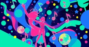 Colorful abstract representation of music and celebrity culture, evoking the energy of a lively concert atmosphere.