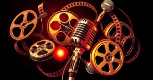A collage of film reels, microphones, and lights representing the entertainment industry and controversies.