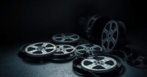 A dramatic depiction of Hollywood scandals featuring film reels and contrasting shadows in a noir style.