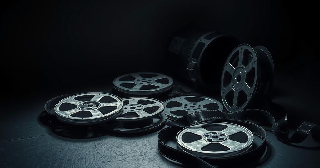 A dramatic depiction of Hollywood scandals featuring film reels and contrasting shadows in a noir style.