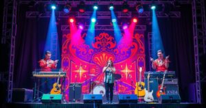 Vibrant stage set with colourful lights and musical instruments, inspired by artistic performances and pop culture.