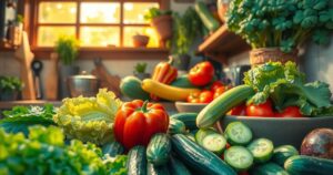 A kitchen scene with fresh vegetables and a playful vibe, ambient lighting enhances warmth and joy.