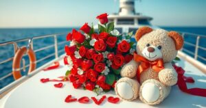 A luxurious yacht deck with flowers and teddy bears, capturing a moment of joy and celebration.