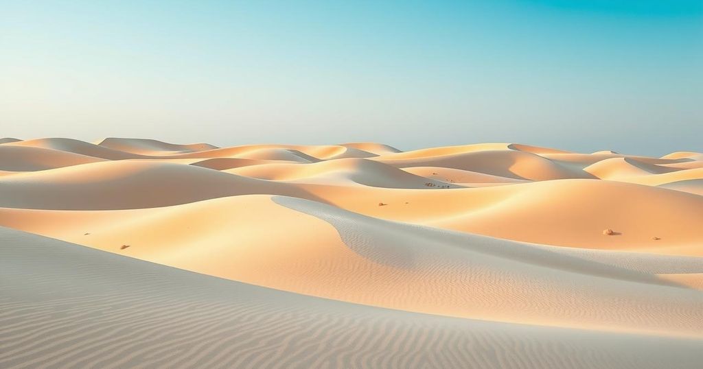 A serene desert landscape with soft pastel colours and gentle sand dunes, capturing a peaceful atmosphere.