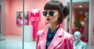 A vibrant hot pink suit on a stylish mannequin, showcasing a chic blunt-cut hairstyle, vibrant, uplifting colours.