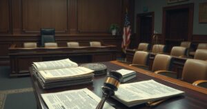 A courtroom scene with legal documents and a gavel, reflecting a high-profile trial summary involving celebrities.